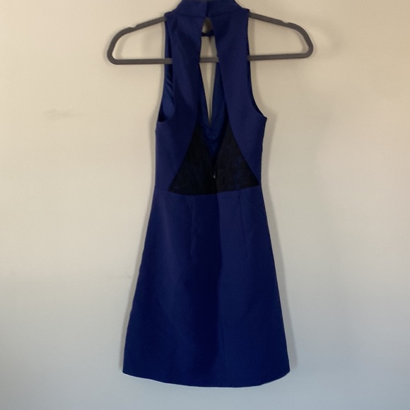 *!!WORN ONCE!!* navy mini dress with a high neck and lace detail from EXPRESS. - Picture 2 of 6
